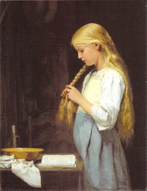 髪を編む少女