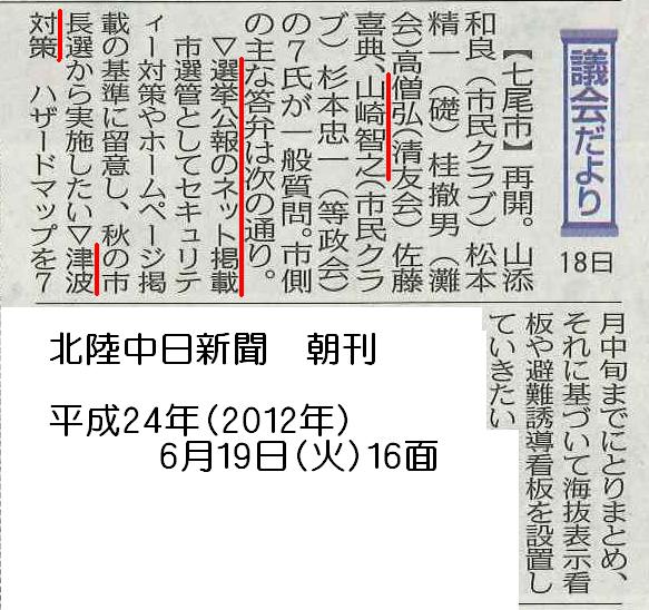 平成２４年６月１９日（火）北陸中日新聞 朝刊 １６面